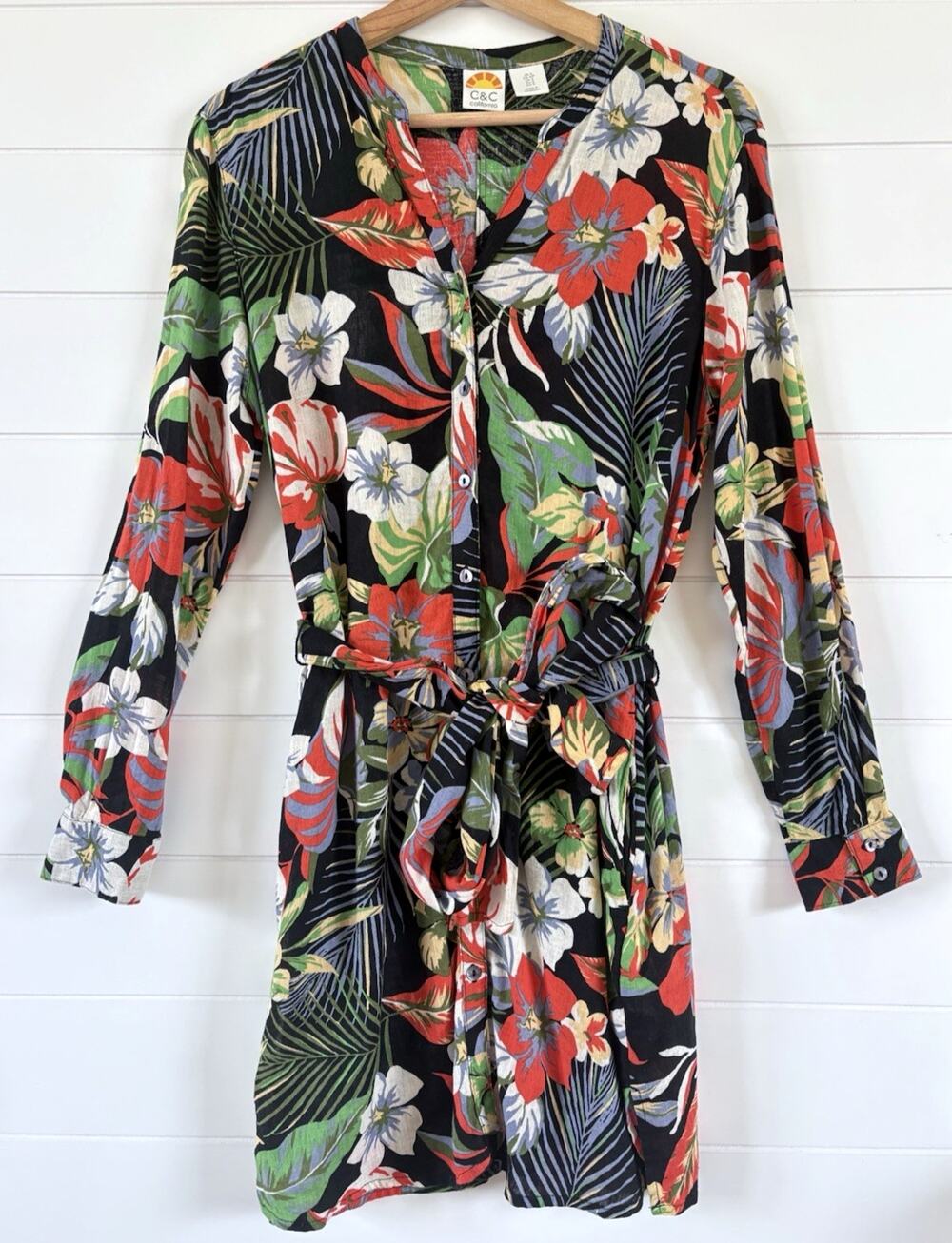 C&C California Tropical Floral Linen Blend Shirt Dress Belted Black Resort Small